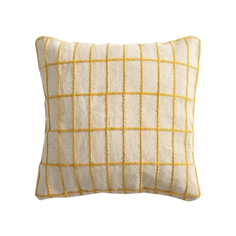 Cream-colored decorbites cotton woven cushion cover with bold mustard-yellow grid stitching for living room decor