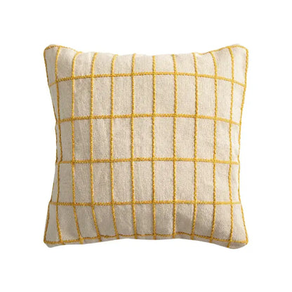 Cream-colored decorbites cotton woven check cushion cover with bold mustard yellow grid stitching for living room decor