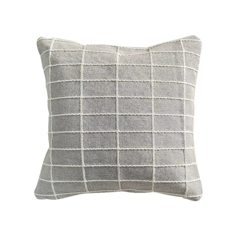 Gray throw pillow with subtle white grid pattern on textured fabric decorbites cotton woven check cushion cover for living room