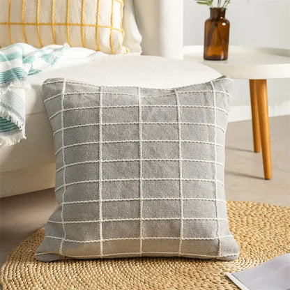 Gray cushion cover with white grid pattern in decorbites cotton woven check for living room decor