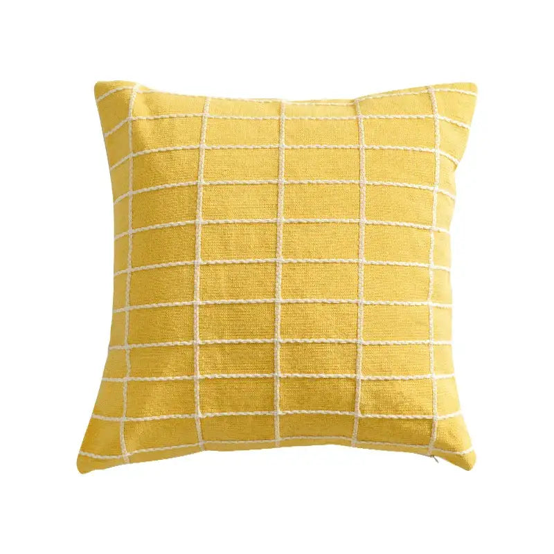 Yellow square cushion cover with white grid pattern made of decorbites cotton woven check for living room decor