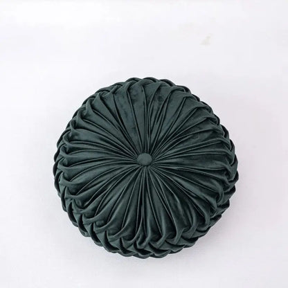 Dark green velvet round throw pillow with pleated sunburst design for decorbites 3d pumpkin and pumpkin vehicle wheel decor