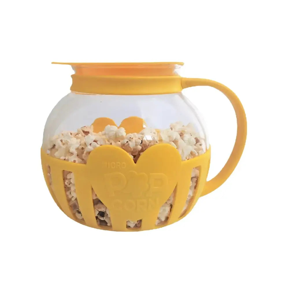 Yellow silicone and clear glass heart-shaped glass popcorn maker with colander lid for kitchen use