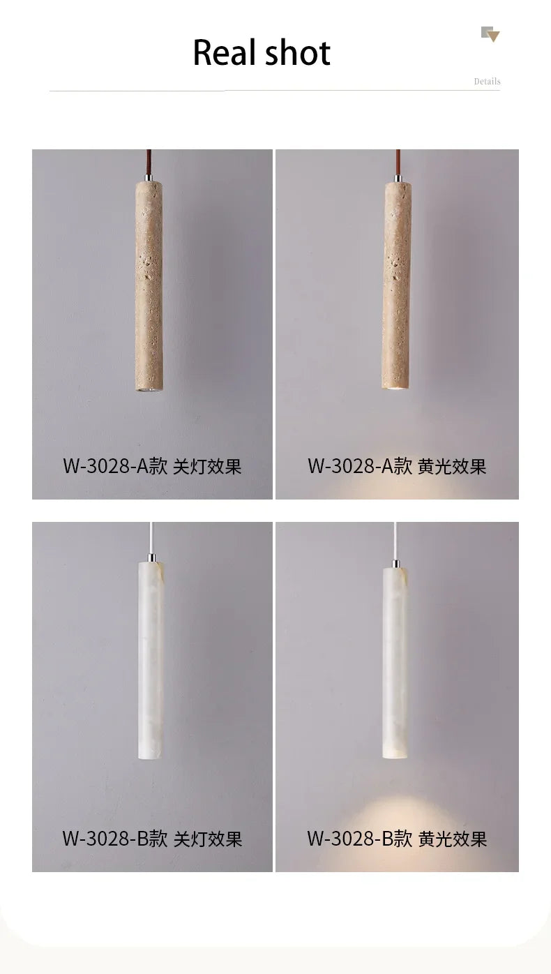 Beige textured stone pendant light with matte finish in two models w-3028-a and w-3028-b for bedroom use