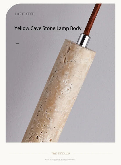 Yellow stone pendant light with cylindrical textured stone body and polished silver metal cap for bedroom use