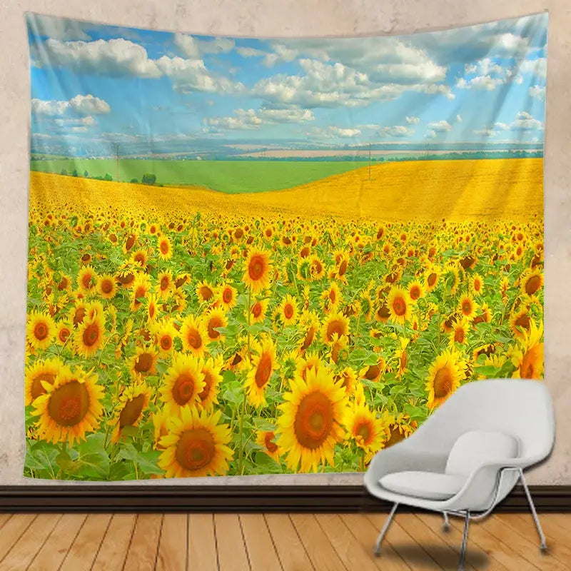 Vibrant yellow sunflower bohemian tapestry hanging on wall perfect for datura hippie bohemian bedroom decor