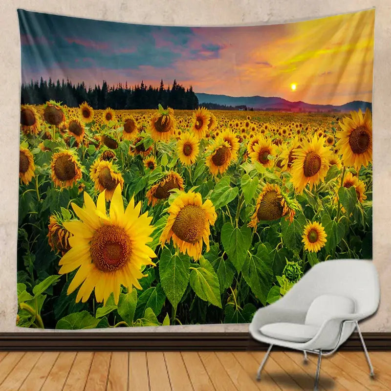 Vibrant yellow sunflower hippie bohemian tapestry with sunset sky and green foliage for wall hanging decor