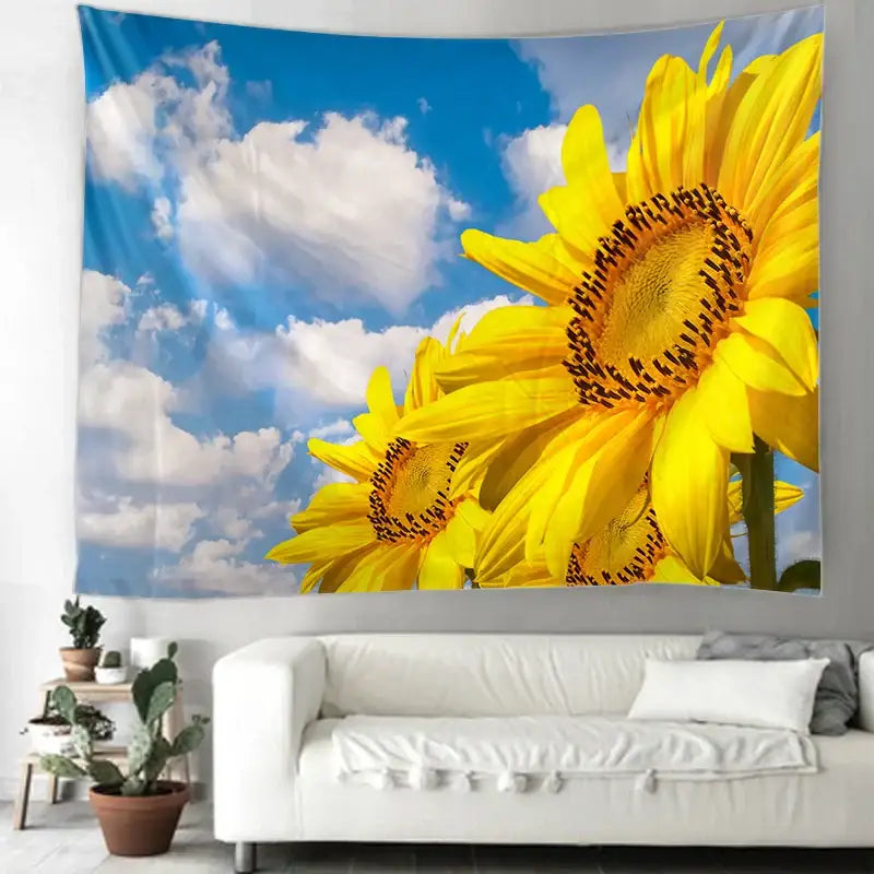 Vibrant yellow sunflower hippie bohemian tapestry with detailed petals and dark centers for bedroom wall hanging
