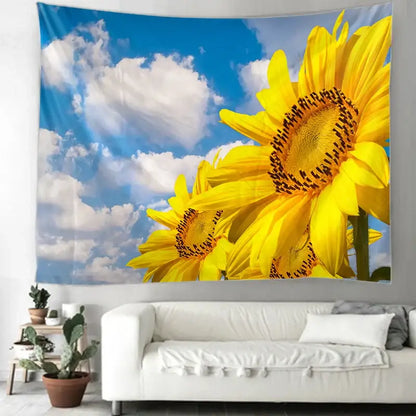 Vibrant yellow sunflower hippie bohemian tapestry with detailed petals and dark centers for bedroom wall hanging