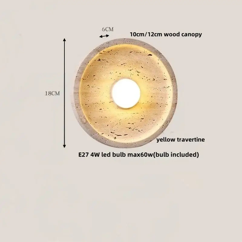 Yellow travertine circular led wall lights with wood canopy and e27 bulb for bedroom decorbites led wall lighting