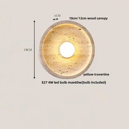 Yellow travertine circular led wall lights with wood canopy and e27 bulb for bedroom decorbites led wall lighting