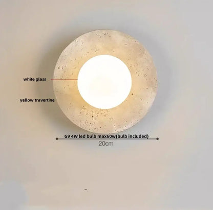 Yellow travertine circular led wall lights with textured outer ring and smooth white glass center for bedroom decorbites LED wall sconce set