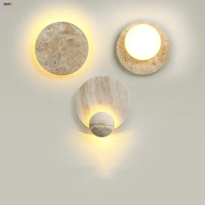 Yellow travertine circular led wall lights with natural stone finish and warm integrated light for bedroom decorbites led wall use