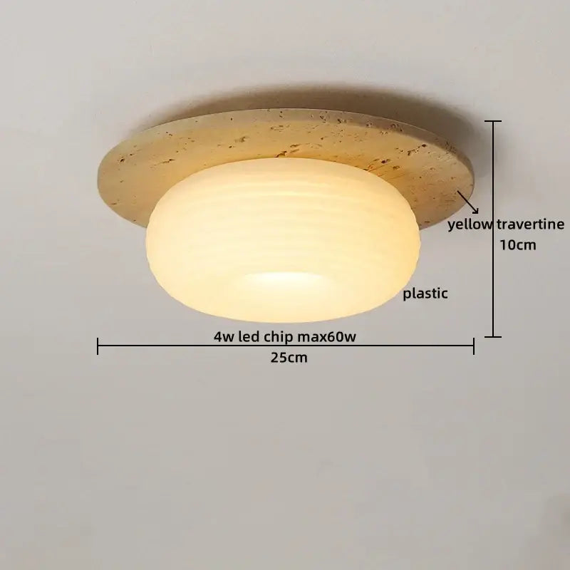 Warm led ceiling lamp with yellow travertine circular base and frosted glass dome for living room lighting