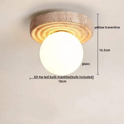 Rounded glass globe led ceiling lamp with yellow travertine textured base for living room lighting