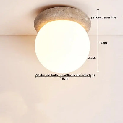 Rounded glass globe ceiling lamp with yellow travertine base led ceiling lamp for living room lighting