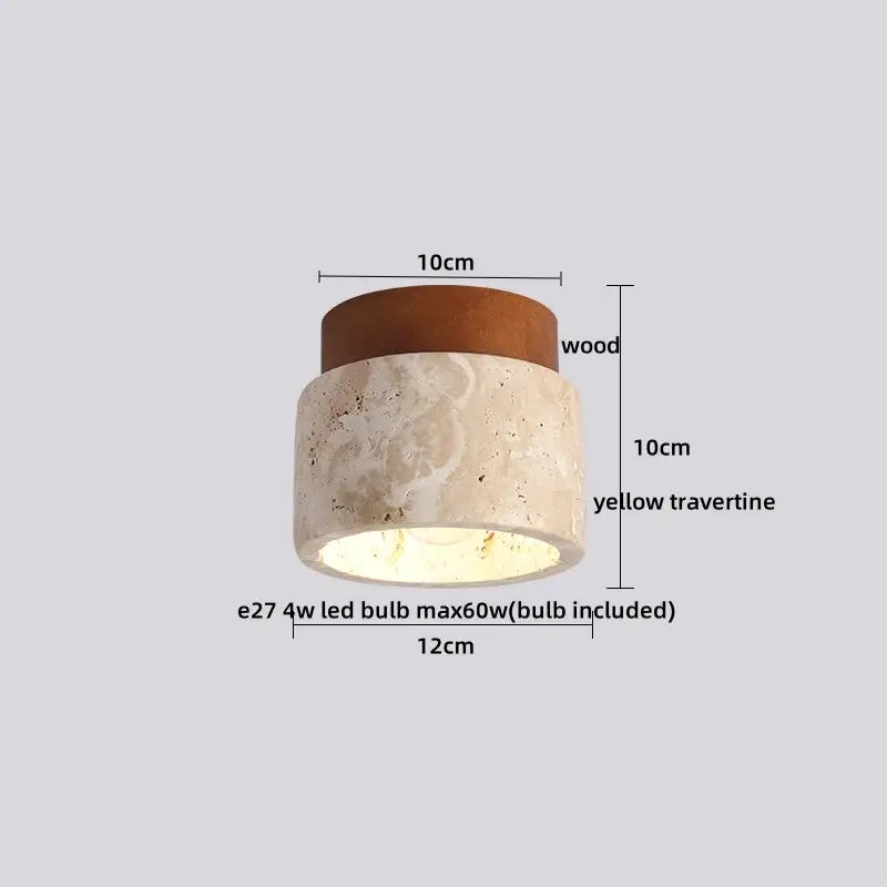 Cylindrical ceiling light with warm brown wooden top and textured yellow travertine body decorbites led yellow flush mount