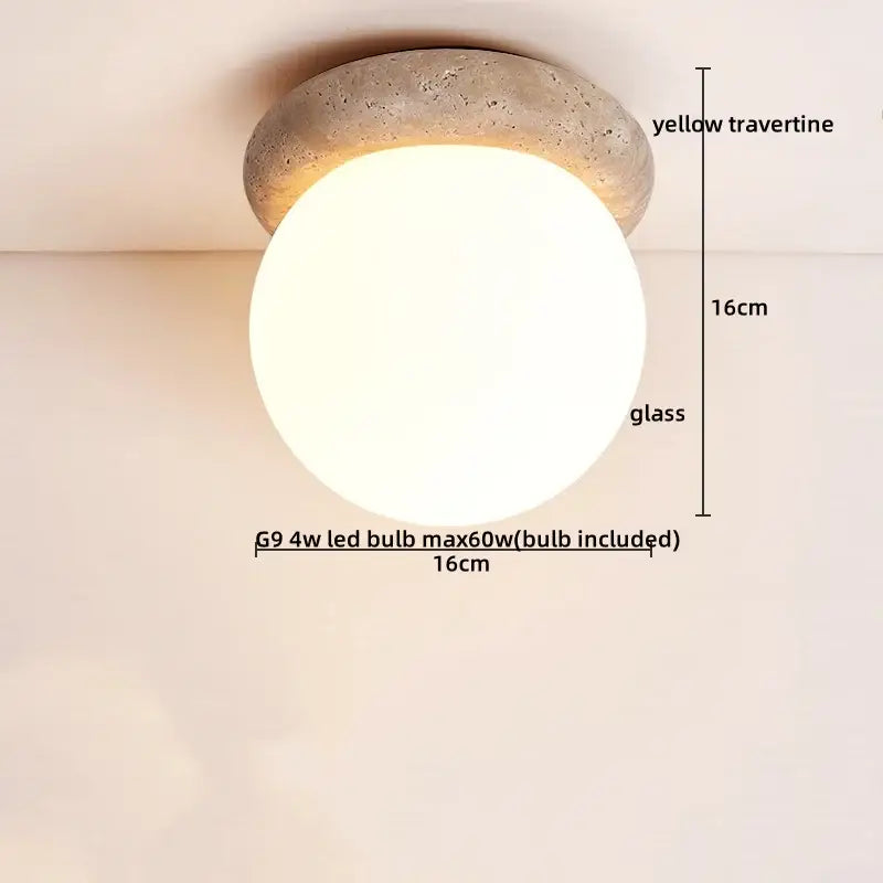 Rounded glass globe ceiling light with textured yellow travertine base for decorbites led yellow bedroom decor