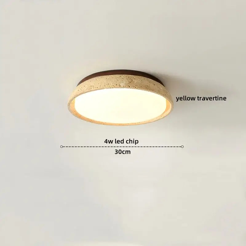 Circular ceiling light with yellow travertine textured finish and dark brown rim featuring four led chips for bedroom decorbites led yellow