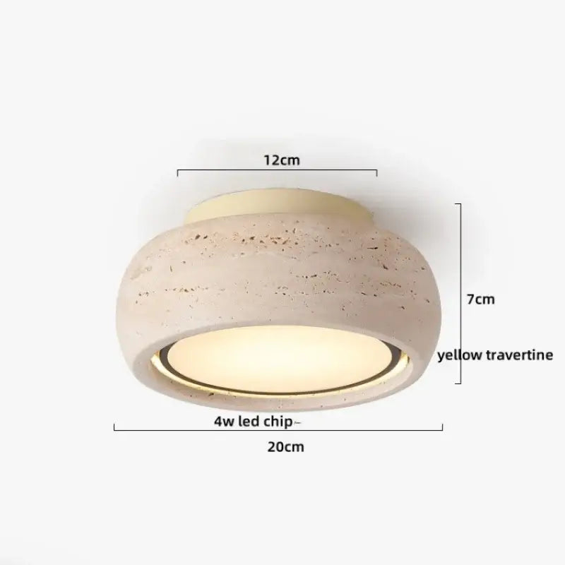 A modern yellow travertine ceiling light with textured finish and warm glow from decorbites led yellow 4w chip