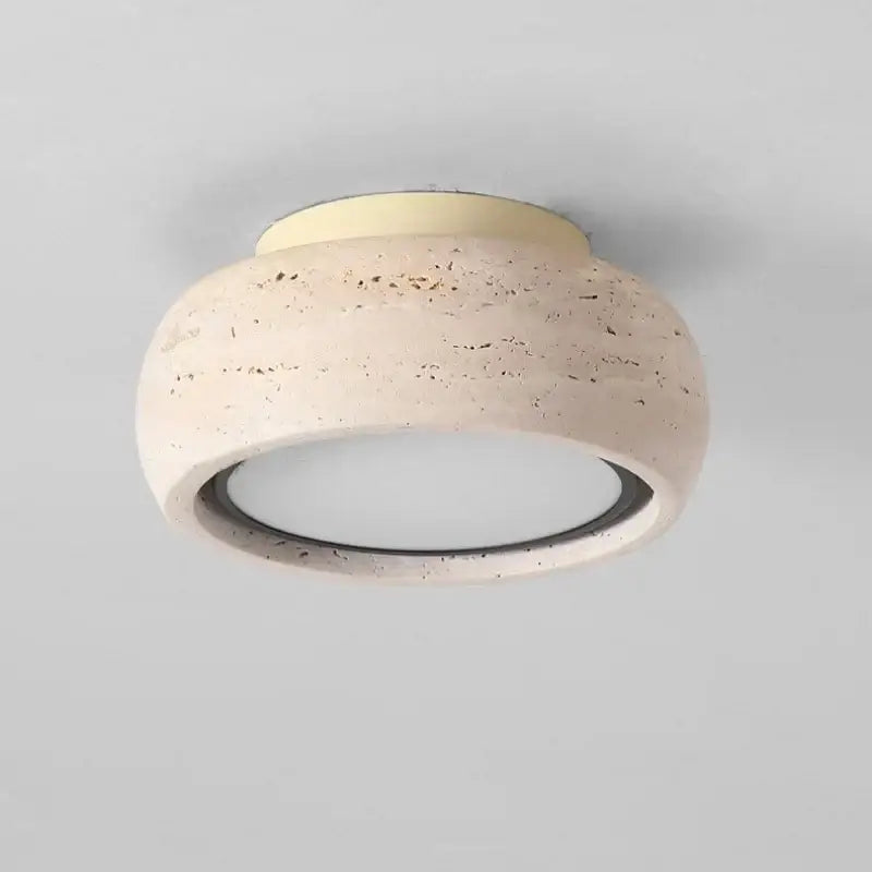 Beige textured concrete yellow travertine led ceiling light with circular frosted glass diffuser for bedroom decorbites led yellow