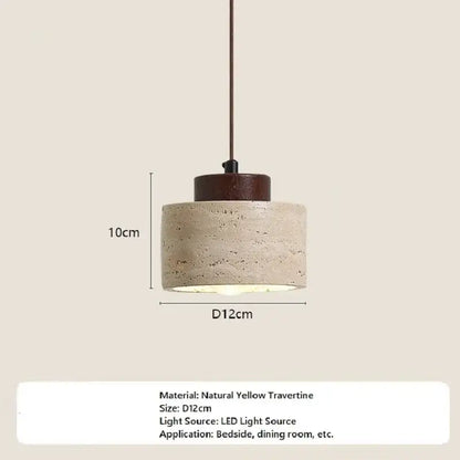 A cylindrical yellow travertine stone pendant light with a dark brown wooden top suspended by a thin cord