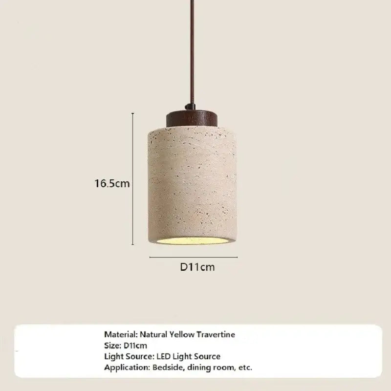 Cylindrical yellow travertine stone pendant light with textured body and dark brown metal suspension for kitchen