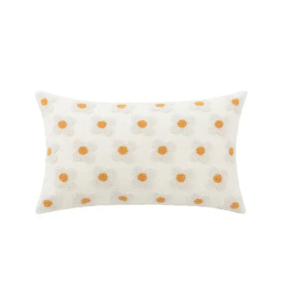 Cream-colored rectangular pillow cover with embroidered white and mustard-yellow flora cotton patterns for bedroom sham