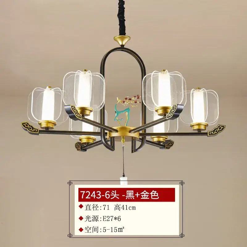 Zen black and gold deer enamel pendant light with six black and gold arms and turquoise decorbites deer enamel centerpiece