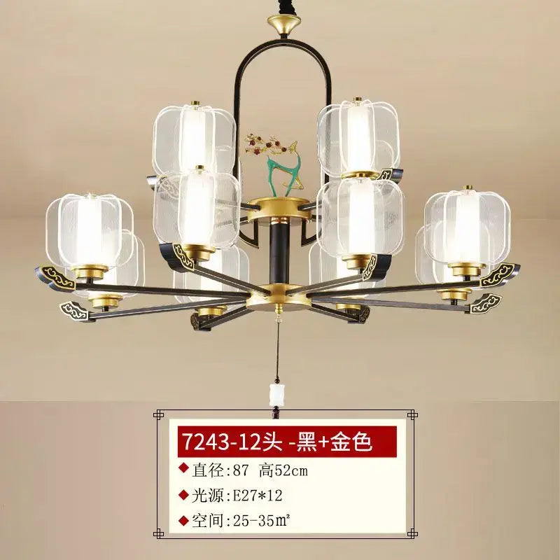 Zen black and gold deer enamel pendant light with twelve clear glass lantern shades for living room decorbites deer enamel chandelier