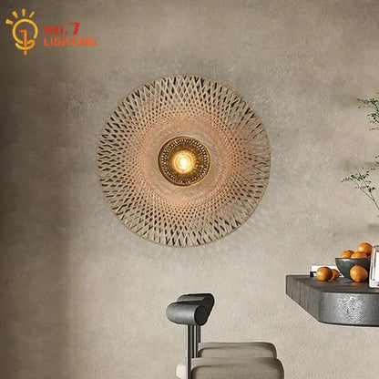 Zen natural bamboo weaving wall lamp with circular design and warm light for living room wall lamp decor