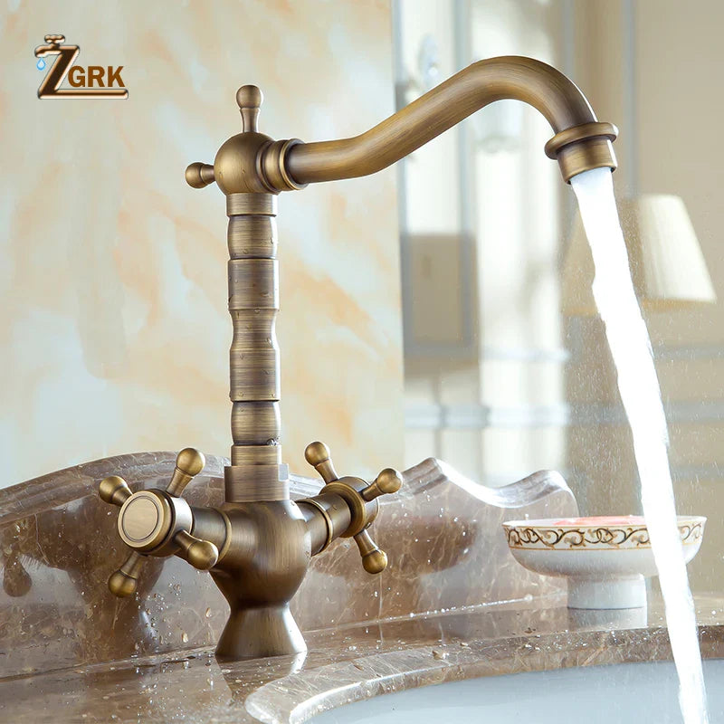 Antique brass-finished zgrk deck mounted kitchen faucet with curved spout single hole and brass housing material