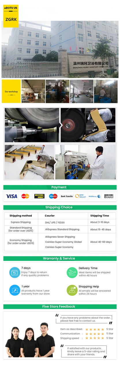 Promotional flyer showing zgrk factory and dual handles basin faucet with brass bronze finished deck mounted single hole design