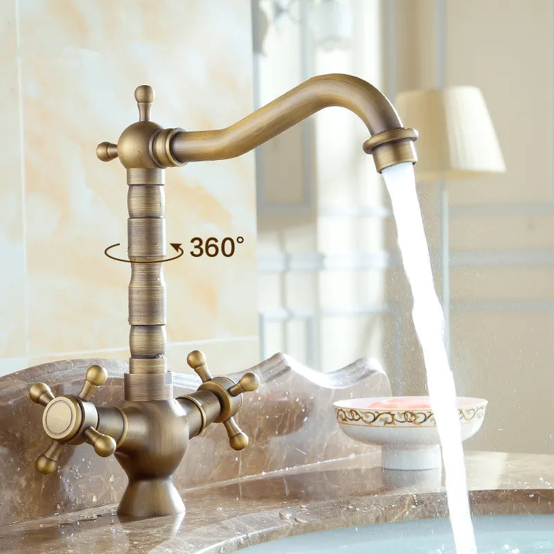 Antique brass deck mounted zgrk basin faucet with dual cross handles single hole housing material mixer taps