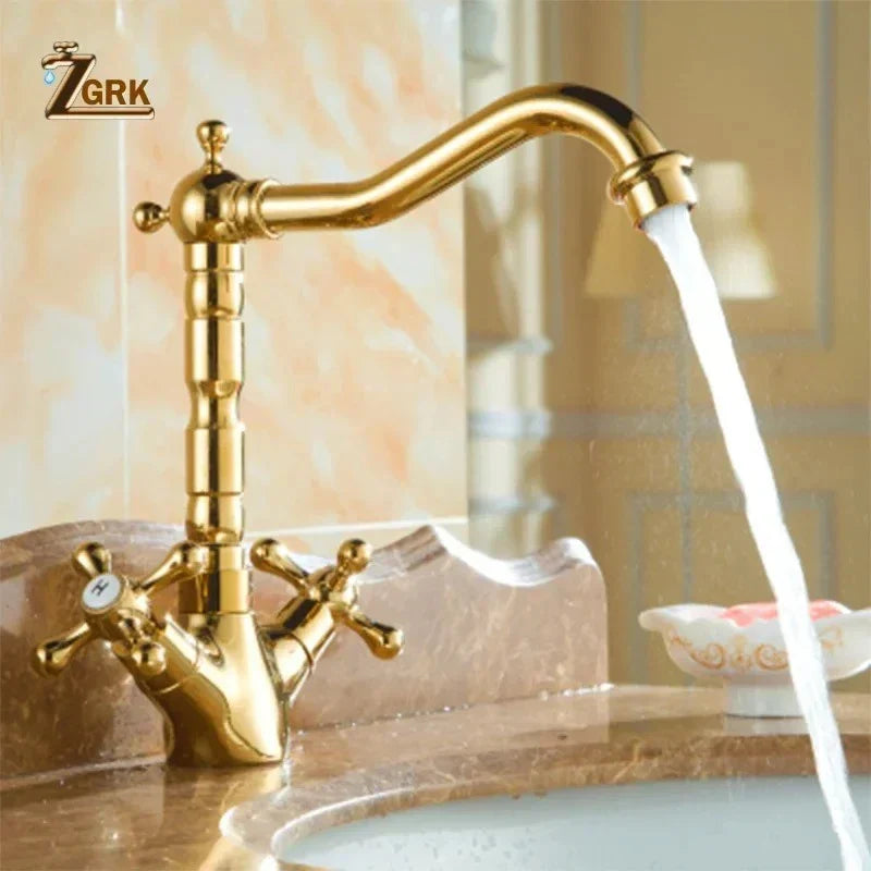 Gold-colored brass zgrk dual handles basin faucet with ornate cross handles deck mounted single hole mixer tap