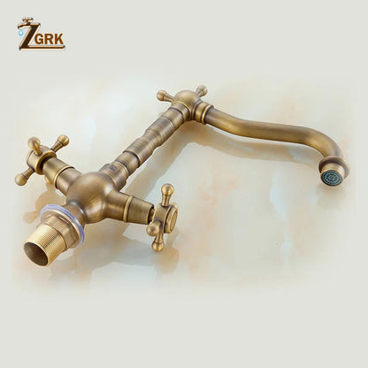 Antique brass deck mounted ZGRK dual handles basin faucet with brass bronze finish and 360 rotation curved spout