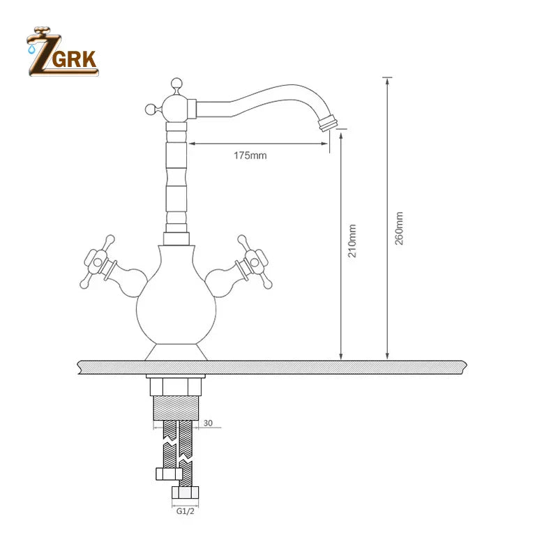 Antique brass-finished deck mounted two-handle kitchen faucet with curved spout and segmented neck housing material