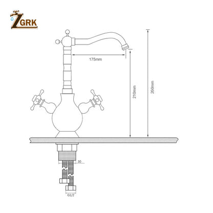 Antique brass-finished deck mounted two-handle kitchen faucet with curved spout and segmented neck housing material