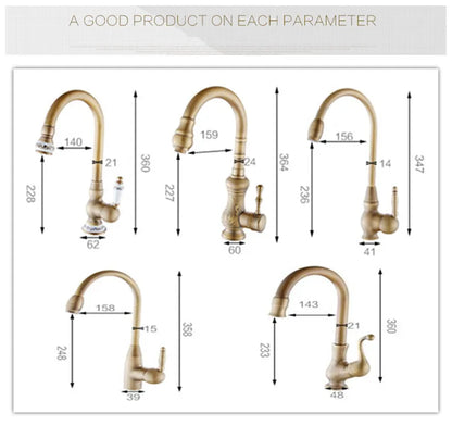 Antique brass single hole mixer tap with ornate detailing and curved spout for deck mounted vessel sink use