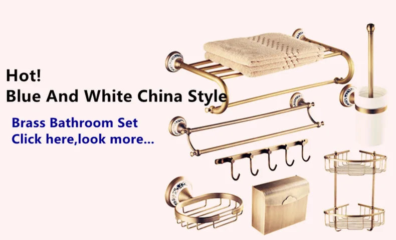 Brass bathroom set with towel rack hooks soap dish and corner shelf featuring deck mounted single hole design and durable housing material