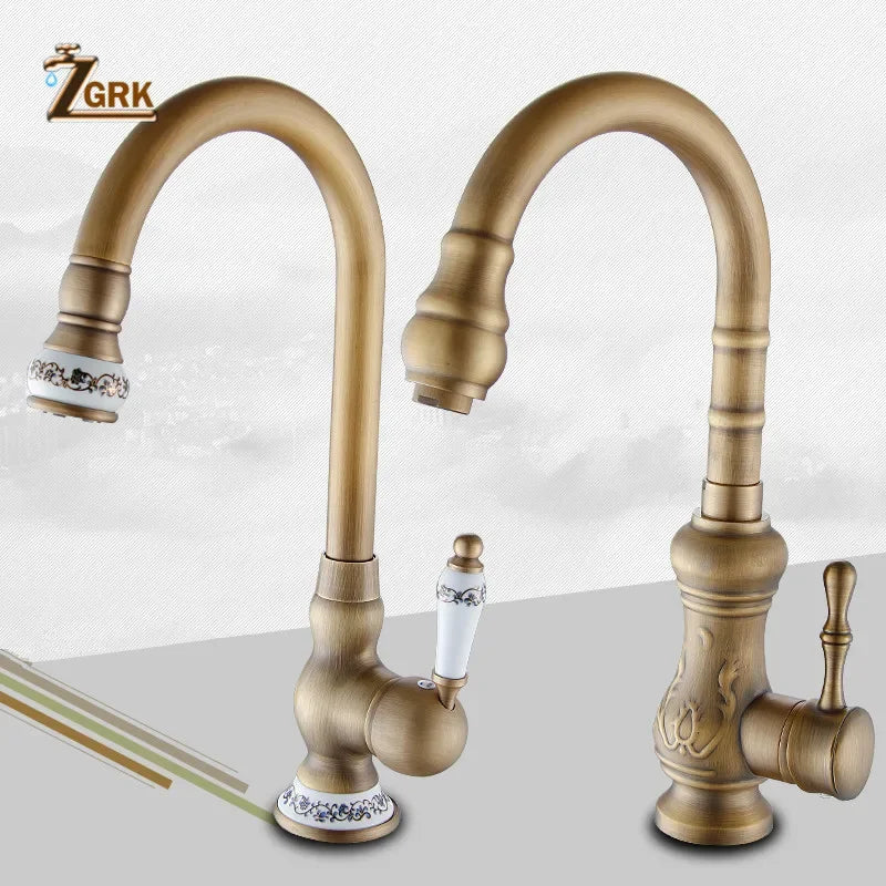Antique brass kitchen faucet deck mounted with single hole design ceramic handles and decorative porcelain accents