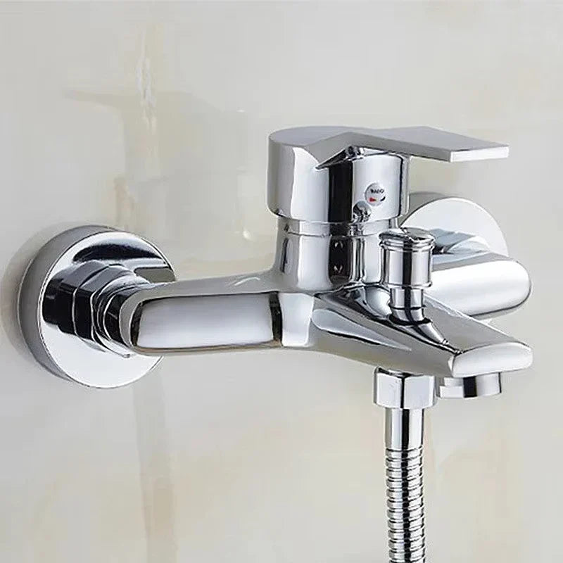 Chrome-finished zinc alloy wall-mounted bathtub faucet with sleek modern design and integrated cold water shower hose